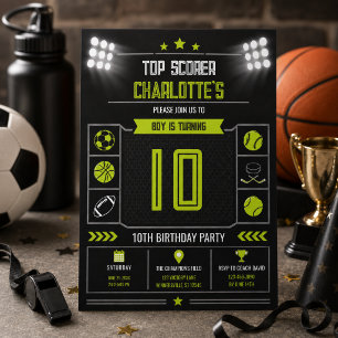 Convite Meninos Esportes Preto Moderno Aniversário de 10 a