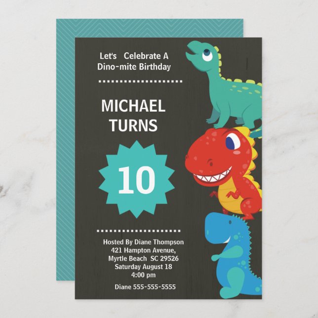 Convite Meninos Festa de aniversário Dinossauro Qualquer C (Frente/Verso)