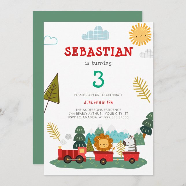 Convite Meninos Fofos Animais Modernos Treinam Viagem de A (Frente/Verso)