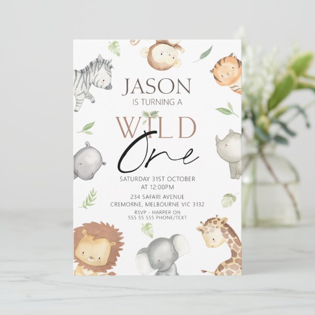 Convite Meninos Modernos Minimalistas Safari Selvagem Um A (Em pé/Frente)
