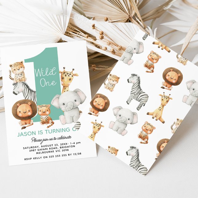 Convite Meninos Modernos Selvagens Um primeiro aniversario (Wild one themed boys 1st birthday invitation with cute safari animals and large number.)