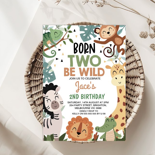 Convite Meninos Nascer Verde Marrom Dois Sejam segundo ani (Born Two Be Wild 2nd Birthday Invitation Template Boy, Safari Animals 2nd Birthday Invitation, )