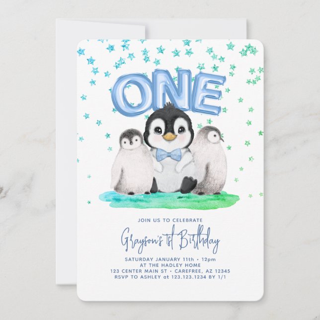Convite Meninos Pinguins Fofos 1º Aniversário (Frente)