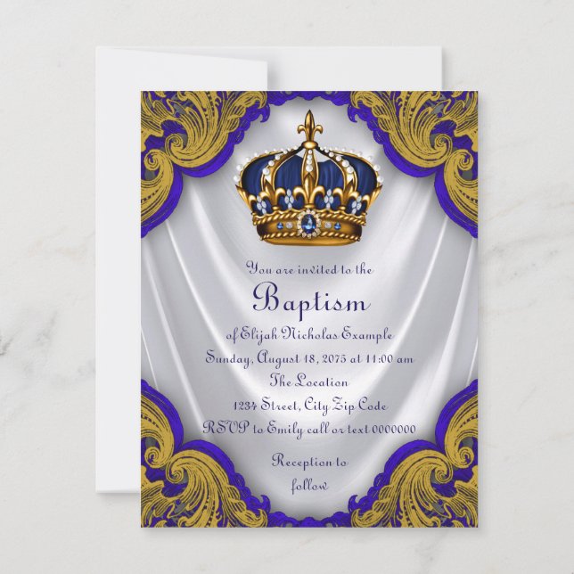 Convite Meninos Príncipe Baptism Royal Blue Dourado Swirl  (Verso)