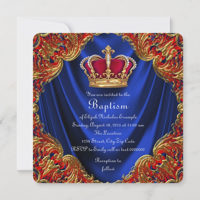Convite Meninos Príncipe Herdeiro Baptism Royal Blue Satin (Verso)