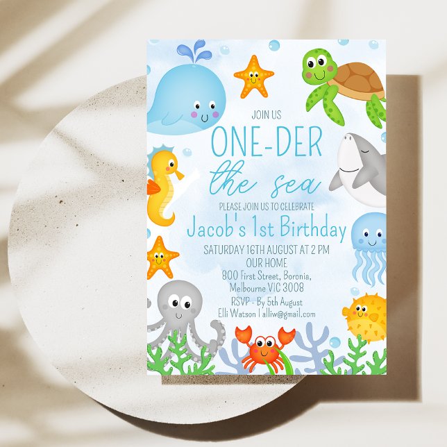 Convite Meninos Sob O Mar Um Dar O Mar Primeiro Aniversári (Boys Oneder the Sea 1st Birthday Invitation, Cute Boys First Birthday Ocean Sea Creatures Invite)