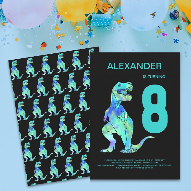 Convite Meninos T-Rex Dinossaur 8th Festa de aniversário B (Dino t-Rex boys 8th birthday party invitation colorful watercolor dinosaur teal green typography)