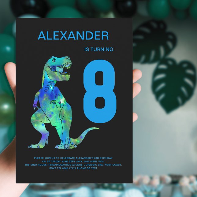 Convite Meninos T-Rex Dinossaur 8th Festa de aniversário B (T-Rex dino boys 8th birthday party invitation with colorful watercolor dinosaur blue typography )