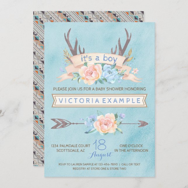 Convite Meninos Tribal Antler Baby Shower (Frente/Verso)