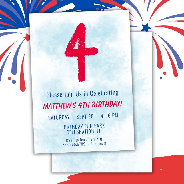 Convite Meninos Watercolor Crianças Azuis 4º Aniversário (Criador carregado)