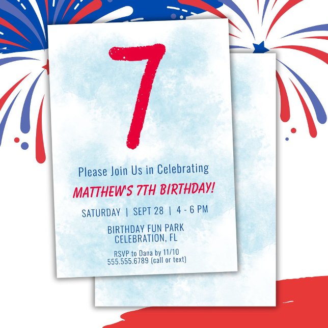 Convite Meninos Watercolor Kids Blue 7 Birthday (Criador carregado)