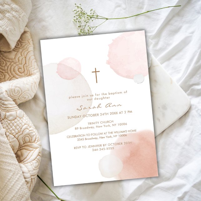 Convite Menor Aquarela Boho Dourado Baptismo (Minimal Watercolor Boho Gold Cross Baptism Invitation)