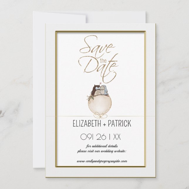 Convite Menor classe, corujas apaixonadas salvam a data (Frente)