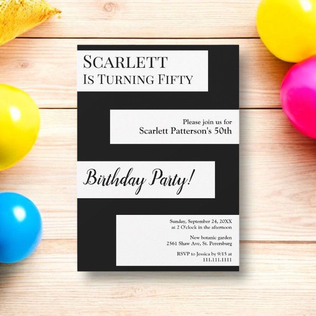 Convite Menor preto e branco Elegante 50º aniversário (Criador carregado)