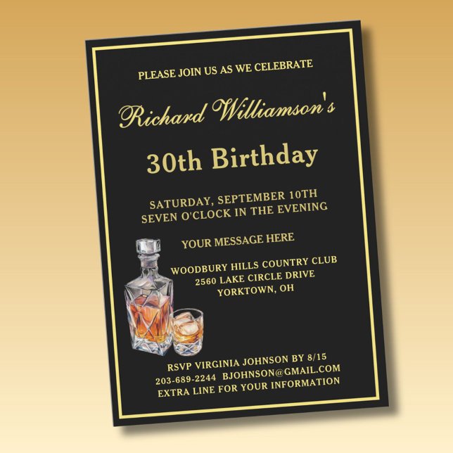 Convite Men's 30th Birthday Party Classic Black Gold  (Criador carregado)