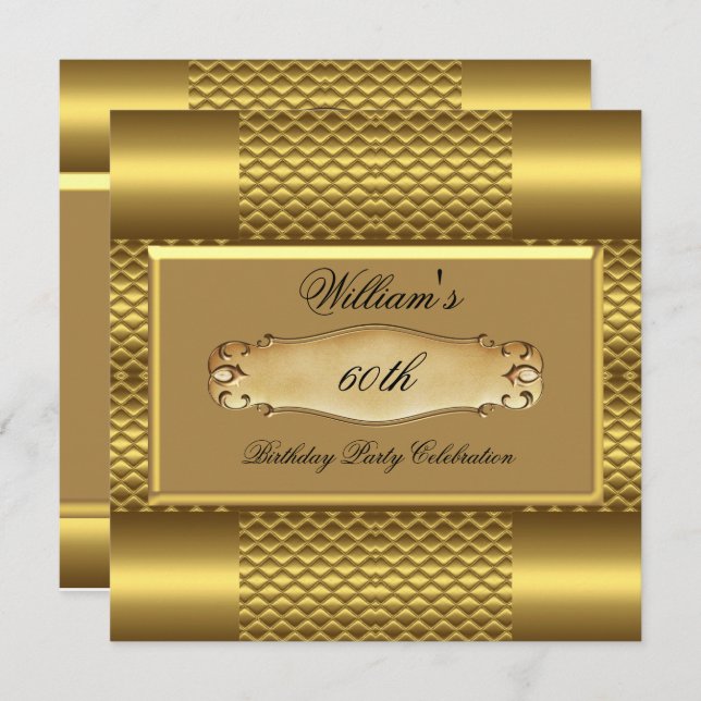Convite Mens 60ª Festa de aniversário de metal Dourado Man (Frente/Verso)