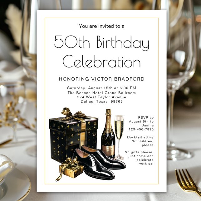 Convite Mens Black Dourado Formal Birday (Stylish black and gold men's any number birthday and celebration invitation. Simply add your details)