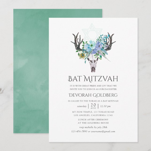 Convite Menta e Azul Aguarela Boho Floral Bat Mitzvah (Frente/Verso)