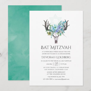 Convite Menta e Azul Aguarela Boho Floral Bat Mitzvah