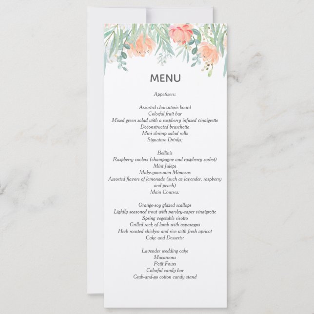 Convite menu aguarela creme pêssego. papelaria casamento (Frente)