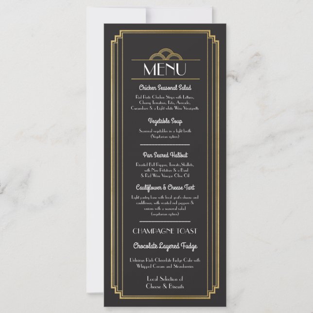Convite Menu Art Deco Dourada Recepção de casamento Preta (Frente)