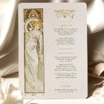 Convite Menu Art Nouveau Janto de casamento de Mucha<br><div class="desc">Adicione um toque de elegância e sofisticação à sua recepção de casamento com este Menu de Casamento Art Nouveau. O trabalho de arte de aquarela apresenta uma das musas de Mucha segurando um copo de champanhe, criando uma sensação de luxo e celebração. O estilo Art Nouveau é caracterizado por suas...</div>