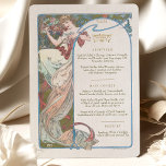 Convite Menu Art Nouveau Janto de casamento de Mucha<br><div class="desc">Adicione um toque de elegância e sofisticação à sua recepção de casamento com este Menu de Casamento Art Nouveau. O trabalho de arte de aquarela apresenta uma das musas de Mucha segurando um copo de champanhe, criando uma sensação de luxo e celebração. O estilo Art Nouveau é caracterizado por suas...</div>