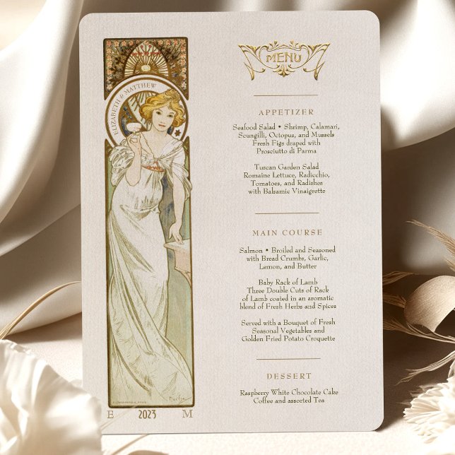 Convite Menu Art Nouveau Janto de casamento de Mucha (Criador carregado)