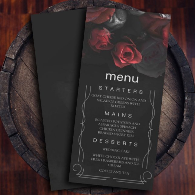 Convite Menu Black Red Florals (Florestas Vermelhas Negras ( burgundy red roses with dark style for added unique decor. #menu #redandblackwedding #dark)