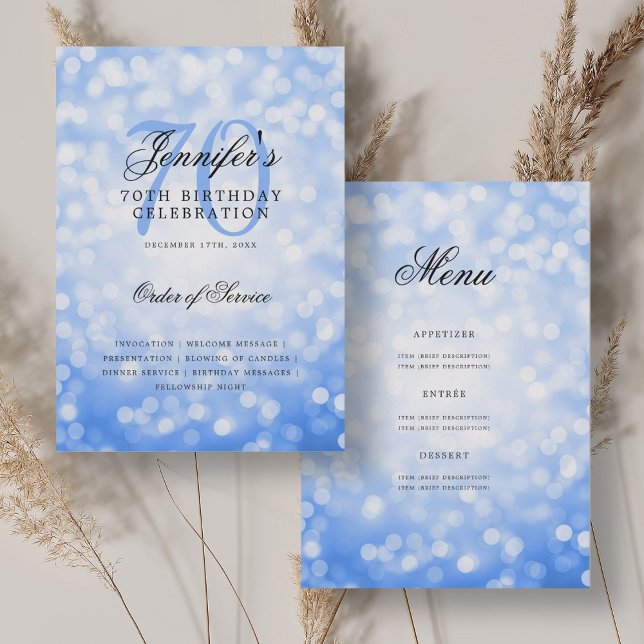 Convite Menu Blue Boketh do Programa de Aniversário do Ele ( 
Elegant 70th Birthday Program Navy Blue Bokeh Menu)