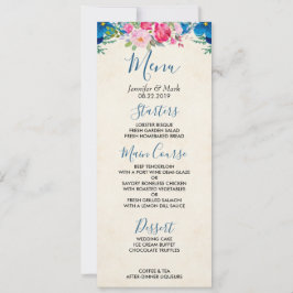Convite Menu bonito de Casamento de Borda Flor Azul e Rosa
