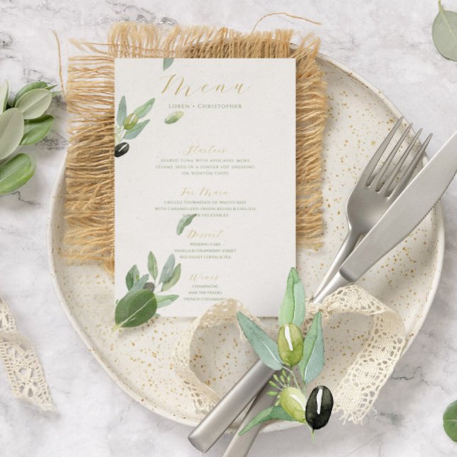 Convite Menu Branch Wedding da Toscana Olive Leaves (Criador carregado)