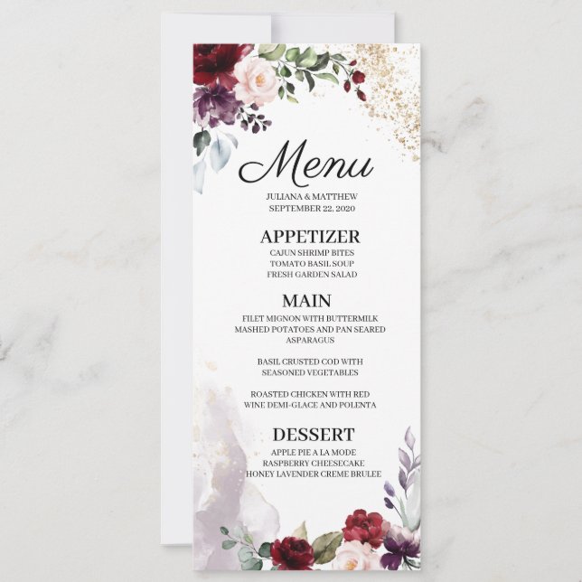 Convite Menu Burgundy Floral Wedding (Frente)