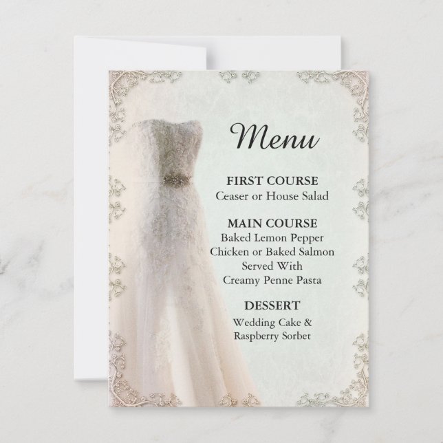 Convite Menu Casamento Branco Elegante, Vestido De Casamen (Frente)