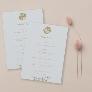 Convite Menu Casamento Chinês Elegante Eucalyptus Azul Dus