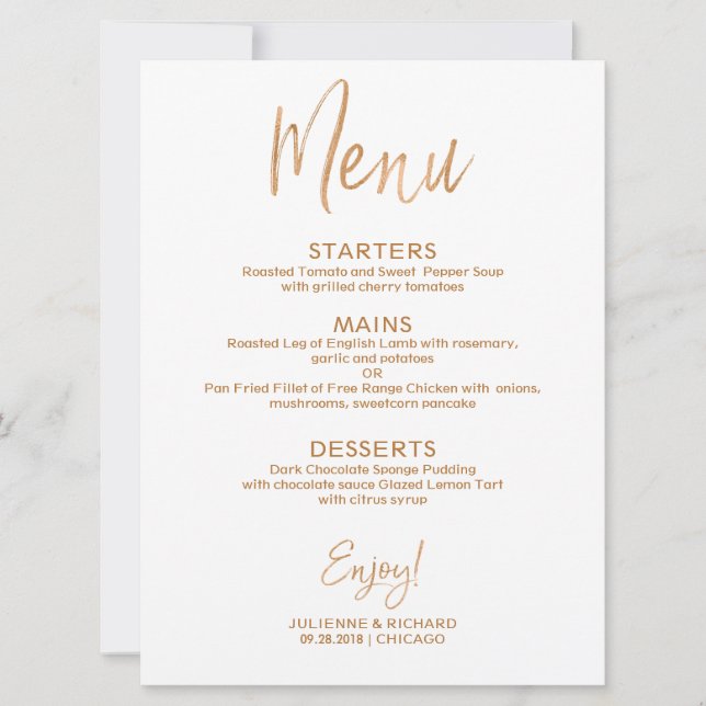Convite Menu Casamento | Na moda Dourado Rosa com letra (Frente)