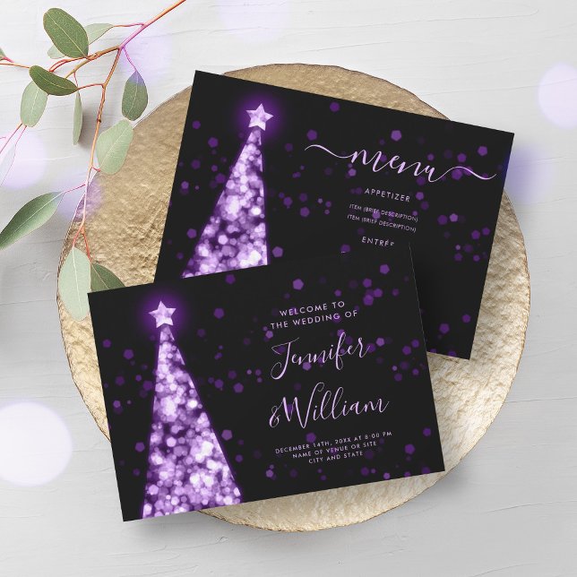 Convite Menu Casamento Púrpura da Árvore do Natal Festivo (Festive Xmas Tree Purple Wedding Menu Invitation)