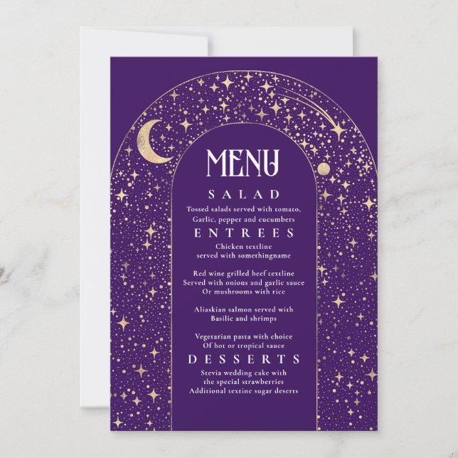 Convite Menu Casamento Púrpura das Estrelas Celestiais da  (Frente)