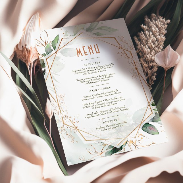 Convite Menu Casamento Verde e Geométrico Dourado (Criador carregado)
