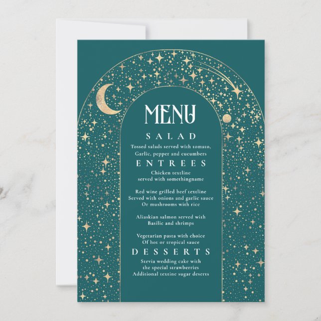 Convite Menu Celestial Night Sky Stars Arch Teal Weding (Frente)