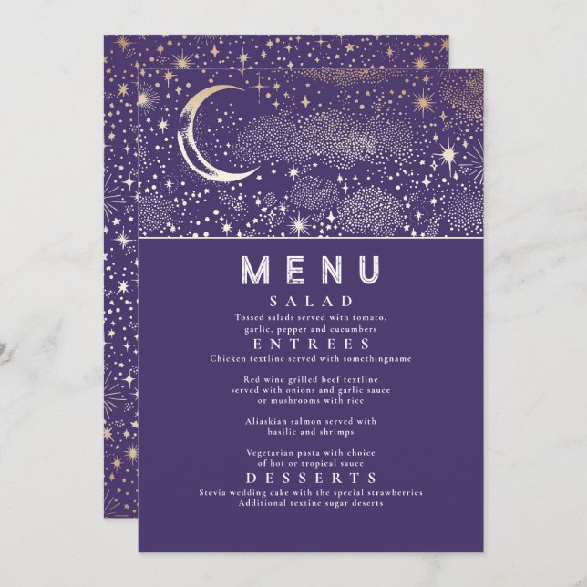 Convite Menu Celestial Starry Night Moon (Frente/Verso)
