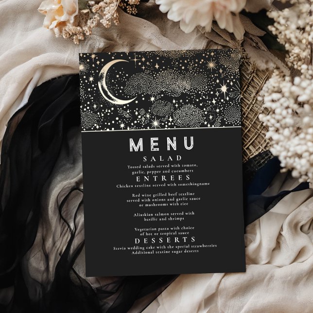 Convite Menu Celestial Starry Night Moon (Celestial Black Menu Cards)