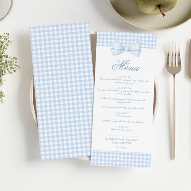 Convite Menu Chá Gingham Blue Gingham Arco Tie Baby Boy (Criador carregado)