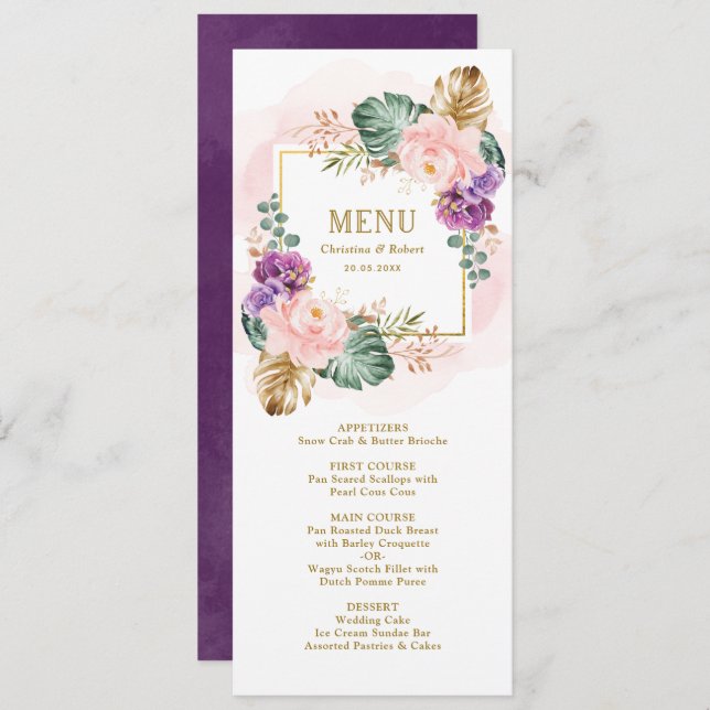 Convite Menu Clássico Floral Blush Violet Casamento (Frente/Verso)