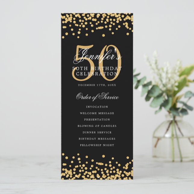 Convite Menu Confetti Dourado do Programa de Aniversário d (Em pé/Frente)