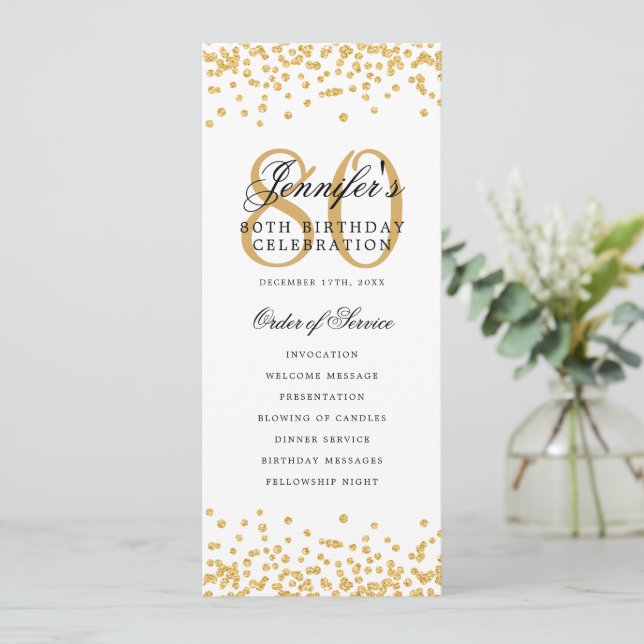 Convite Menu Confetti Dourado do Programa de Aniversário d (Em pé/Frente)