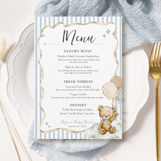 Convite Menu da Festa de Bebê Menino 'Mal Podemos Esperar  (We Can Bearly Wait teddy bear watercolor blue bow & beige ribbon digital baby boy shower menu card)