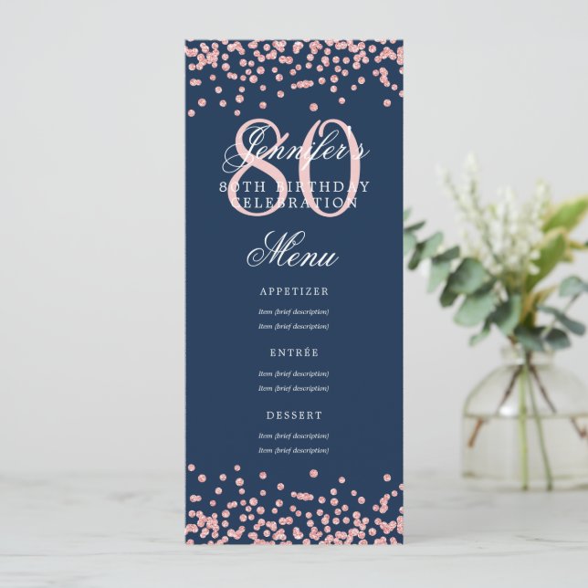 Convite Menu de 80º Aniversário Rose Gold Confete Azul Mar (Em pé/Frente)