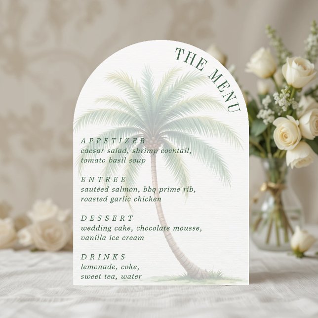Convite Menu de Árvore de Palmeira Tropical em Aquarela Ar (Palm Tree Tropical Island Watercolor Arched Menu Invitation
)