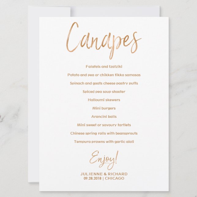 Convite Menu de Canapes de Casamento | Na moda Dourado Ros (Frente)